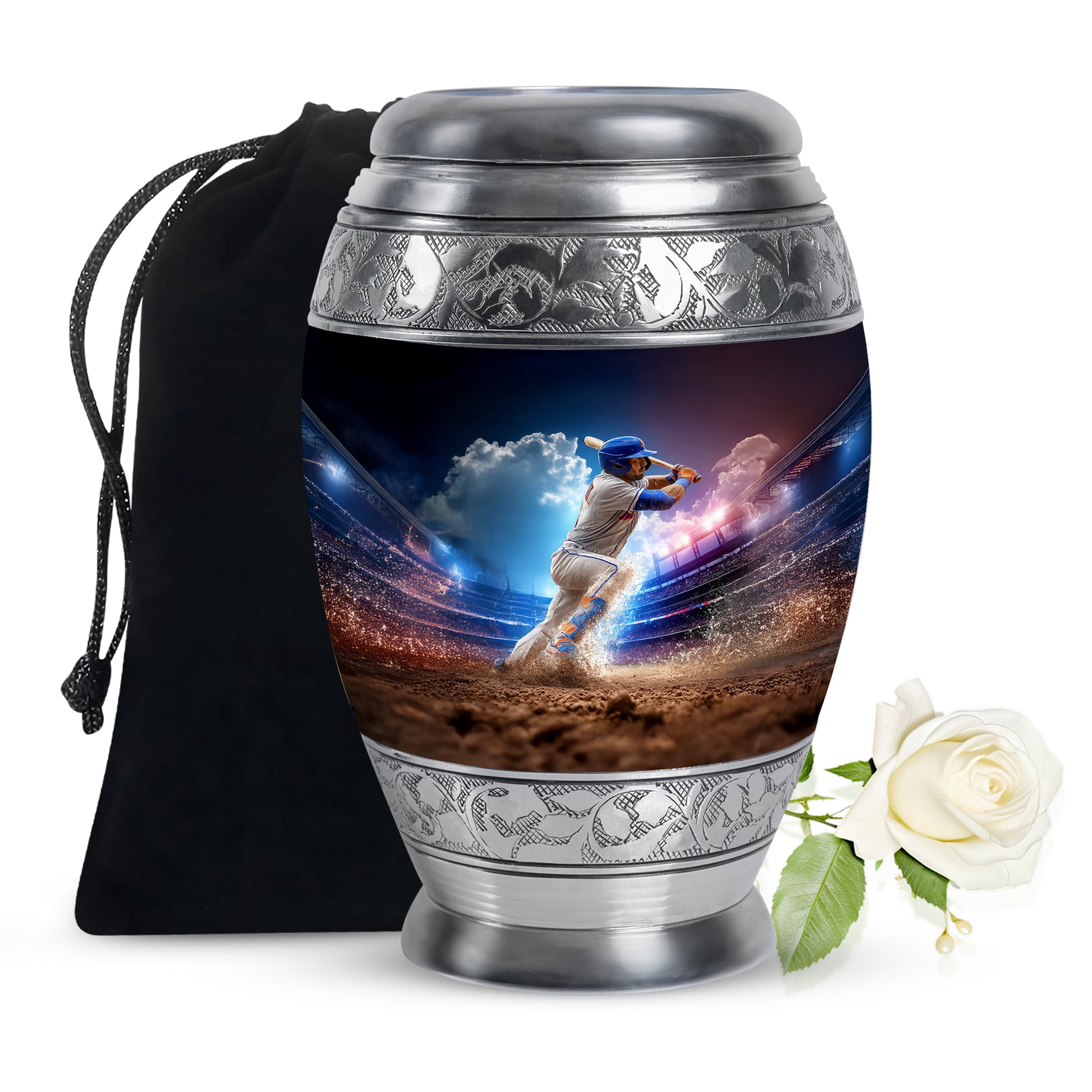 Vivid Blue Baseball Cremation Urn back view with polished surface - majestic baseball pattern with filigree border - full-size 10 inch 200 cubic inch adult cremation urn