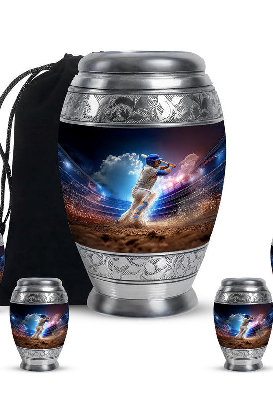 Powder Blue Baseball Cremation Urn detail view - regal baseball design with crown-inspired accents - memorial set with one large and four small urns