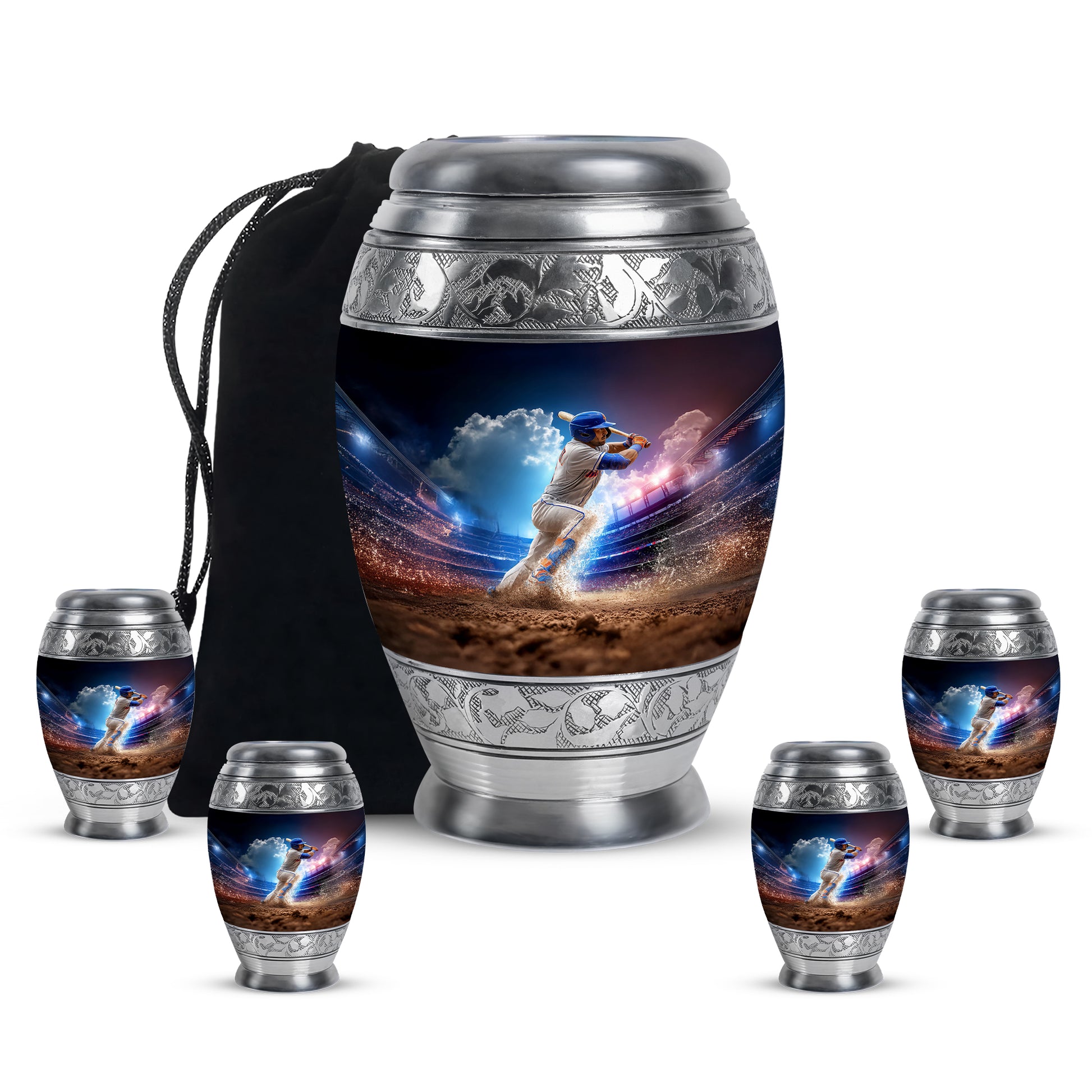 Powder Blue Baseball Cremation Urn detail view - regal baseball design with crown-inspired accents - memorial set with one large and four small urns