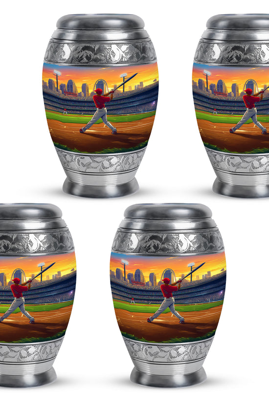 Sunrise Gold Baseball Cremation Urn urn with complimentary velvet bag - ornate monarch-style baseball relief on brushed aluminum - 10 inch aluminum urn for cremated remains