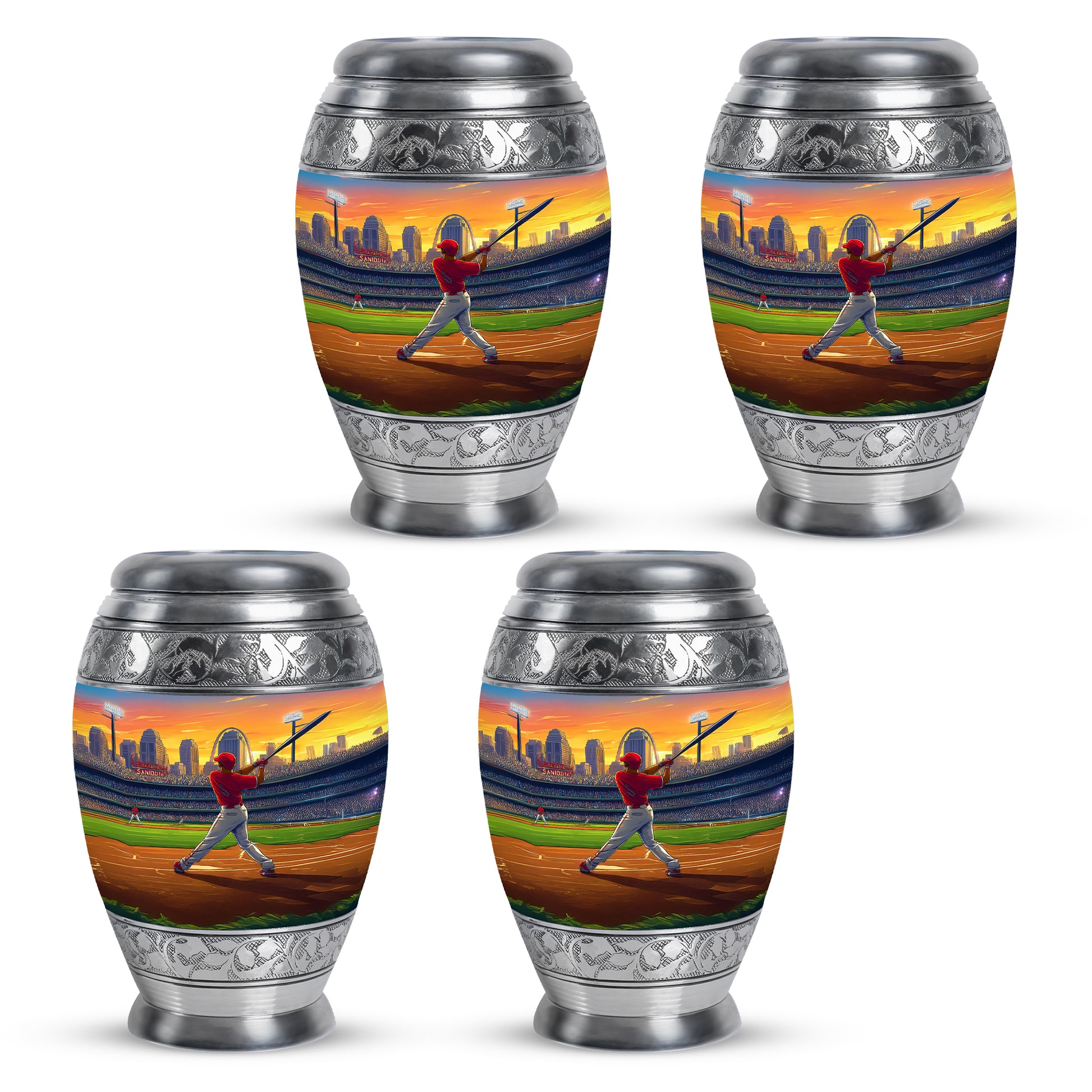 Sunrise Gold Baseball Cremation Urn urn with complimentary velvet bag - ornate monarch-style baseball relief on brushed aluminum - 10 inch aluminum urn for cremated remains