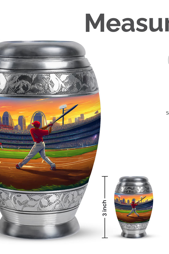 Harvest Gold Baseball Cremation Urn lifestyle display on memorial shelf - majestic baseball pattern with filigree border - mini keepsake memorial for portion of cremation ashes