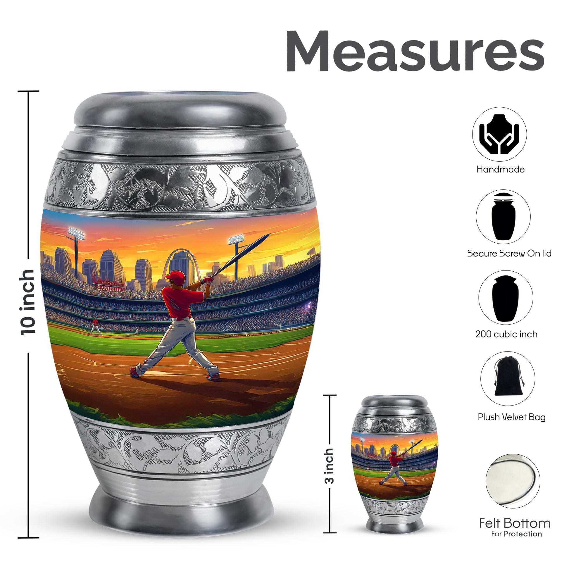 Harvest Gold Baseball Cremation Urn lifestyle display on memorial shelf - majestic baseball pattern with filigree border - mini keepsake memorial for portion of cremation ashes