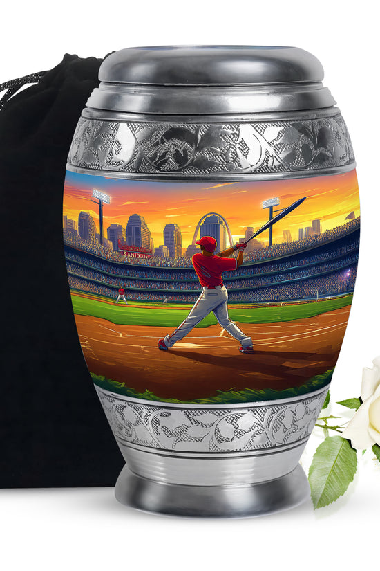 Amber Gold Baseball Cremation Urn back view with polished surface - ornate monarch-style baseball relief on brushed aluminum - full-size 10 inch 200 cubic inch adult cremation urn