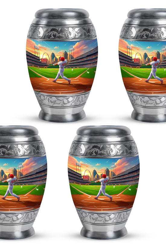 Cornflower Blue Baseball Cremation Urn urn with complimentary velvet bag - royal baseball engraving with decorative scrollwork - 10 inch aluminum urn for cremated remains