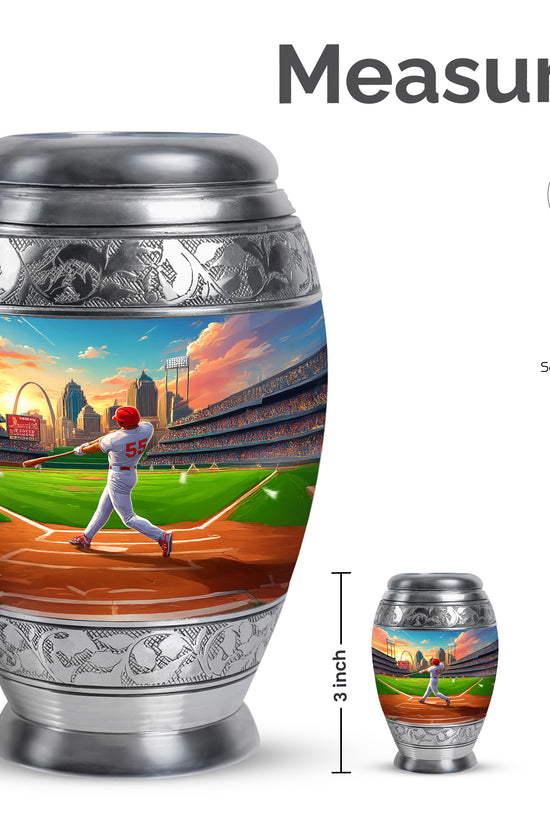 Navy Blue Baseball Cremation Urn lifestyle display on memorial shelf - ornate monarch-style baseball relief on brushed aluminum - mini keepsake memorial for portion of cremation ashes