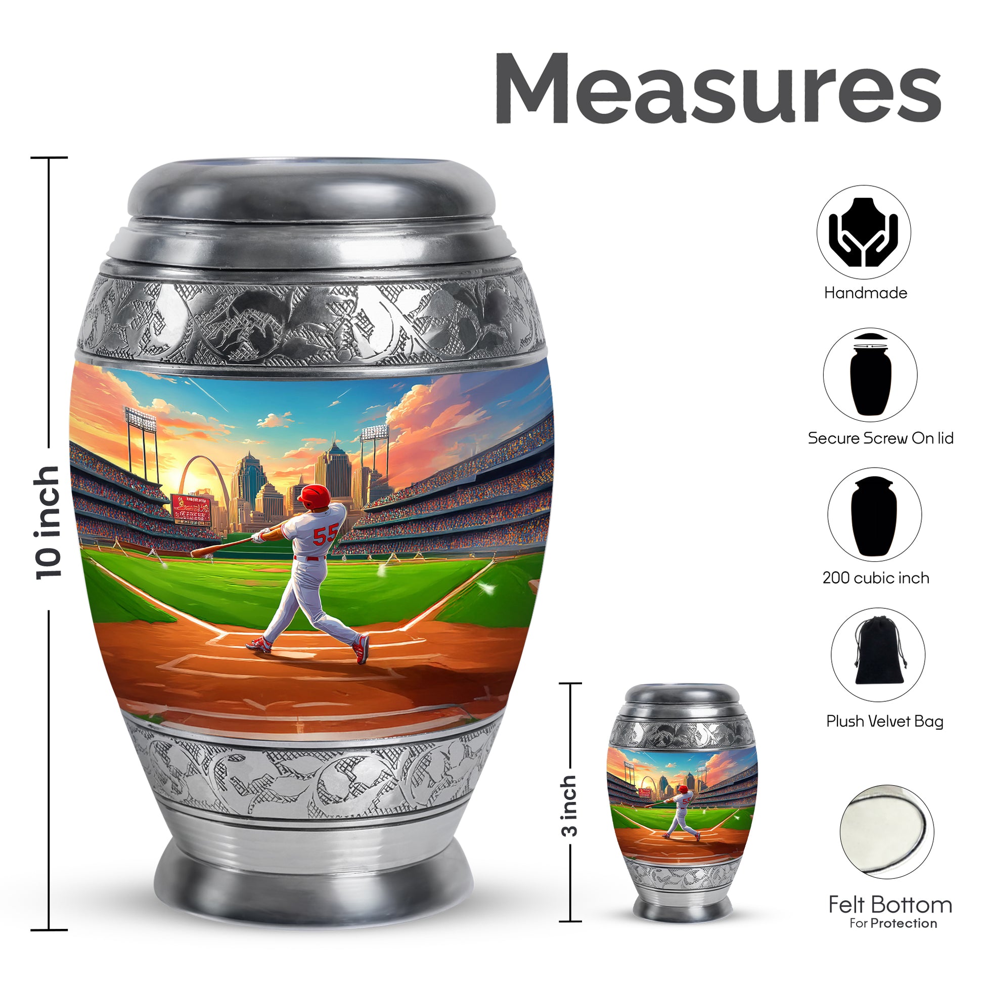 Navy Blue Baseball Cremation Urn lifestyle display on memorial shelf - ornate monarch-style baseball relief on brushed aluminum - mini keepsake memorial for portion of cremation ashes