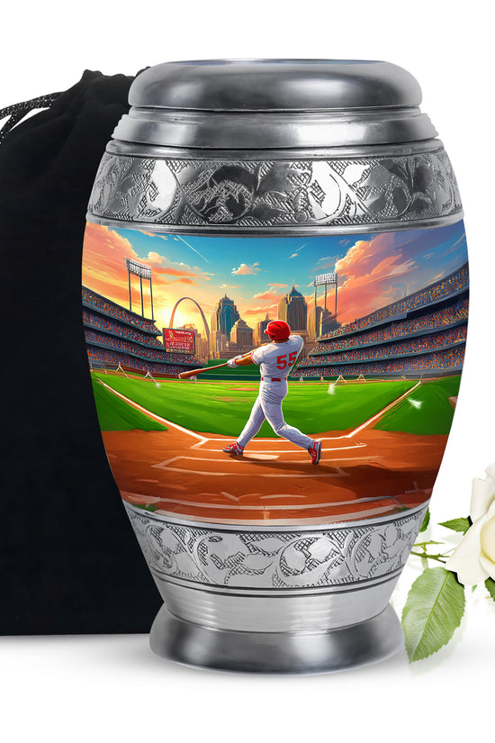 Calming Blue Baseball Cremation Urn back view with polished surface - royal baseball engraving with decorative scrollwork - full-size 10 inch 200 cubic inch adult cremation urn