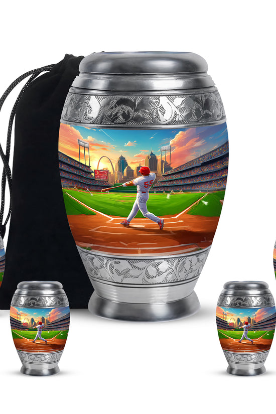 Misty Blue Baseball Cremation Urn detail view - regal baseball design with crown-inspired accents - memorial set with one large and four small urns