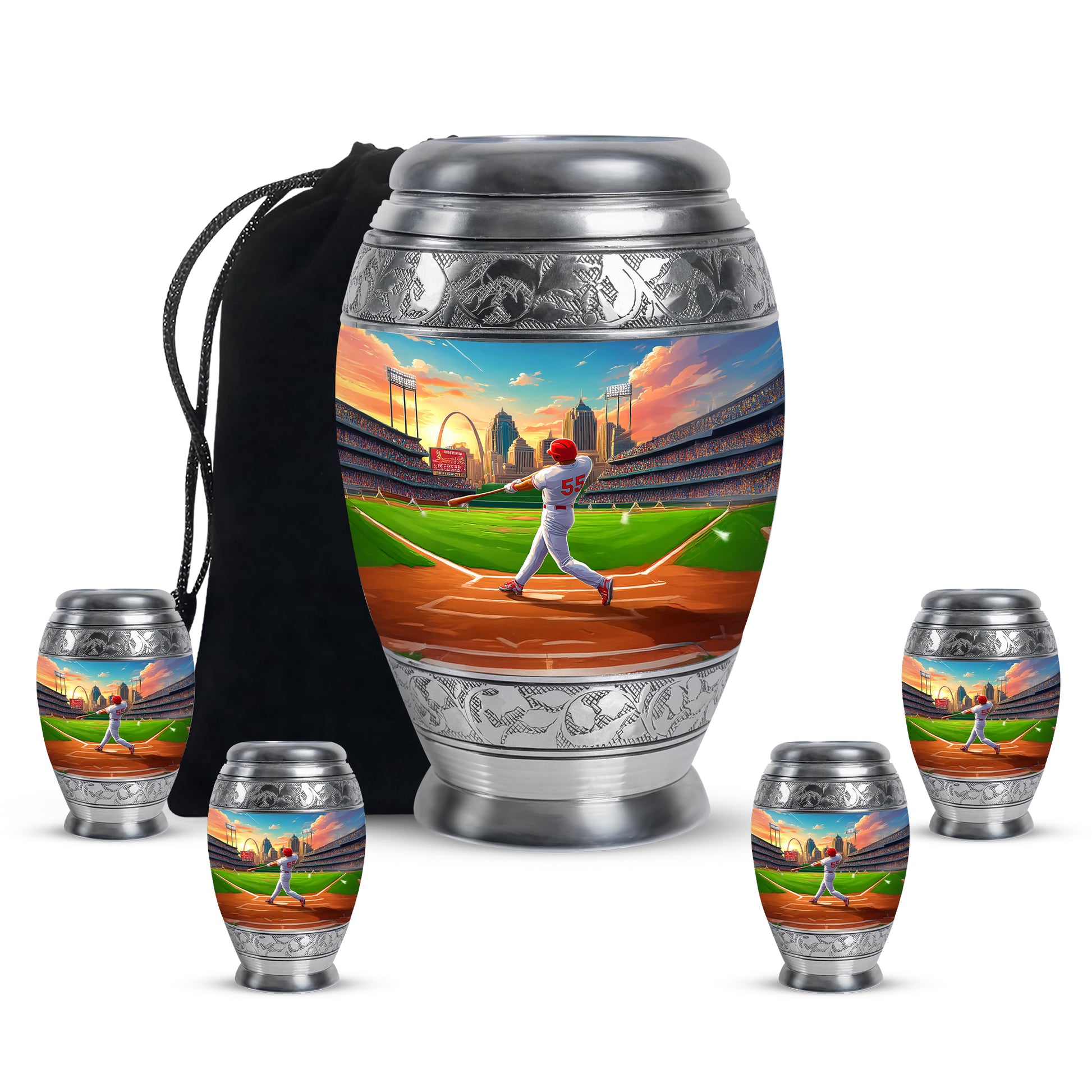 Misty Blue Baseball Cremation Urn detail view - regal baseball design with crown-inspired accents - memorial set with one large and four small urns