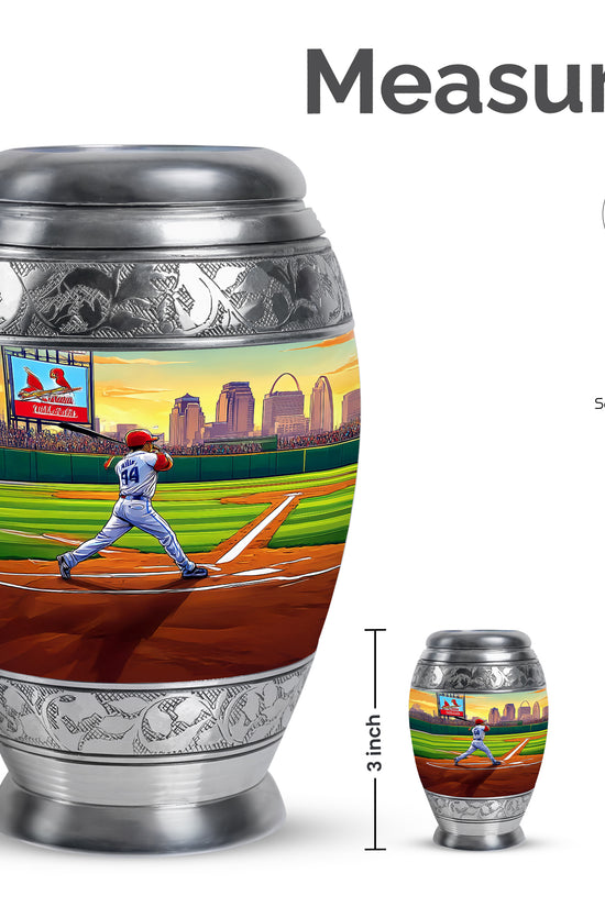 Emerald Green Baseball Cremation Urn lifestyle display on memorial shelf - ornate monarch-style baseball relief on brushed aluminum - mini keepsake memorial for portion of cremation ashes