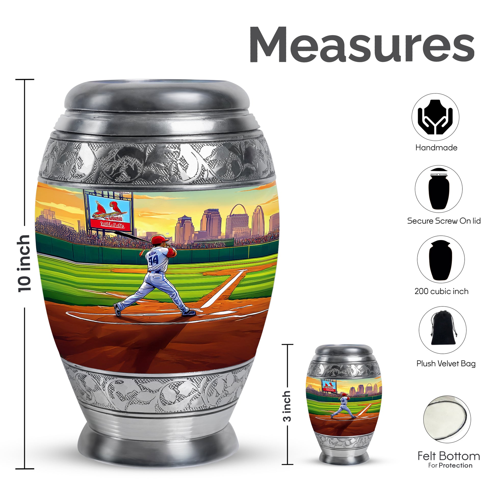 Emerald Green Baseball Cremation Urn lifestyle display on memorial shelf - ornate monarch-style baseball relief on brushed aluminum - mini keepsake memorial for portion of cremation ashes
