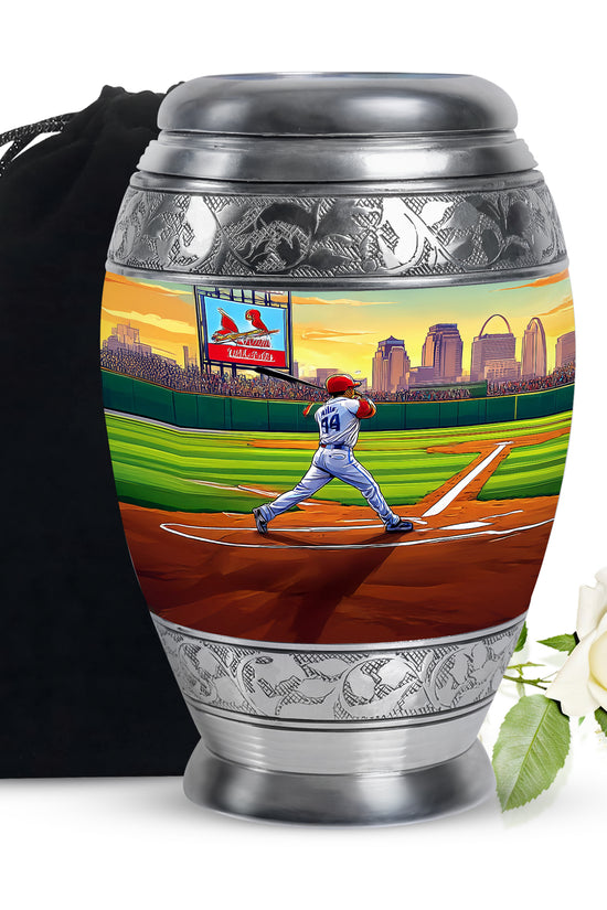 Emerald Green Baseball Cremation Urn back view with polished surface - ornate monarch-style baseball relief on brushed aluminum - full-size 10 inch 200 cubic inch adult cremation urn