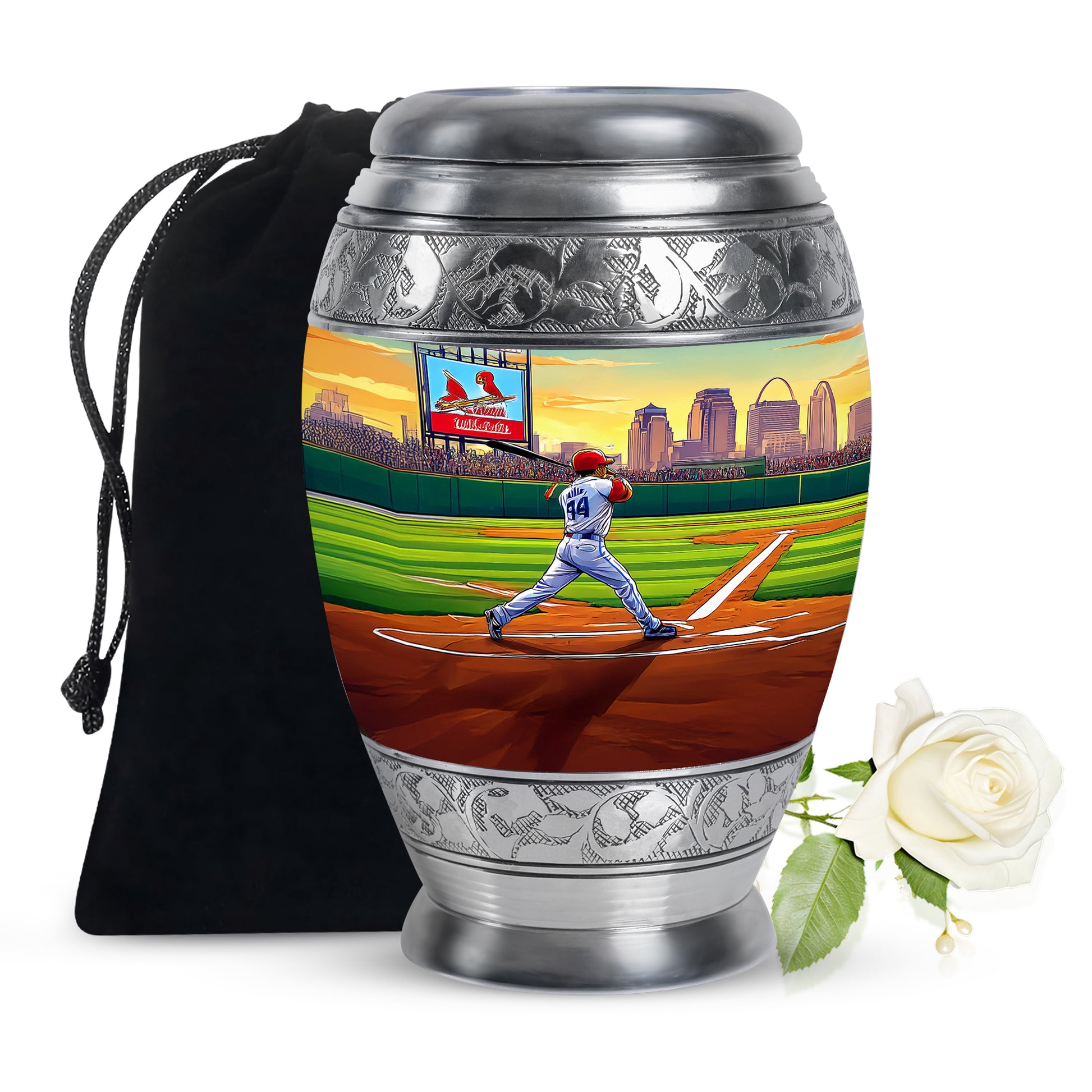 Emerald Green Baseball Cremation Urn back view with polished surface - ornate monarch-style baseball relief on brushed aluminum - full-size 10 inch 200 cubic inch adult cremation urn