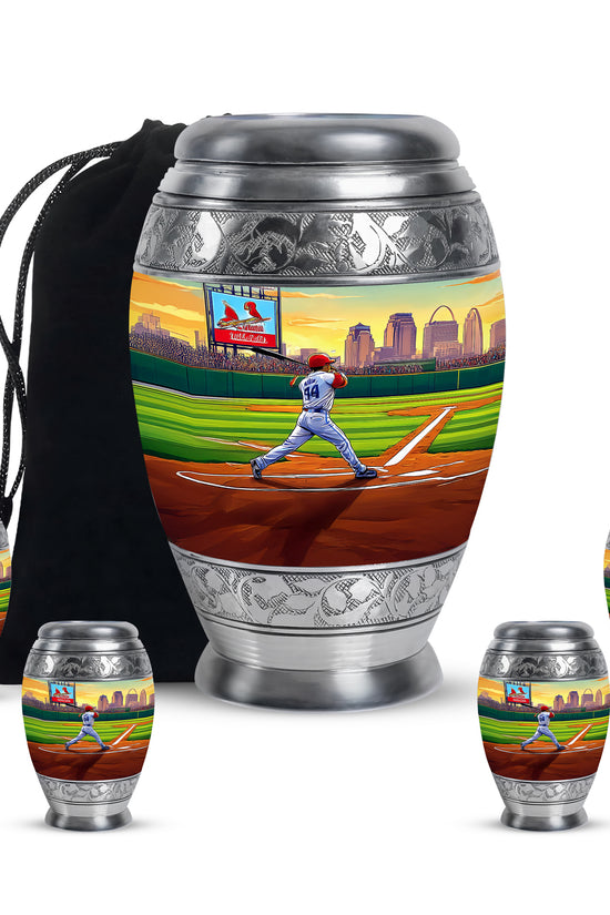 Forest Green Baseball Cremation Urn detail view - royal baseball engraving with decorative scrollwork - memorial set with one large and four small urns
