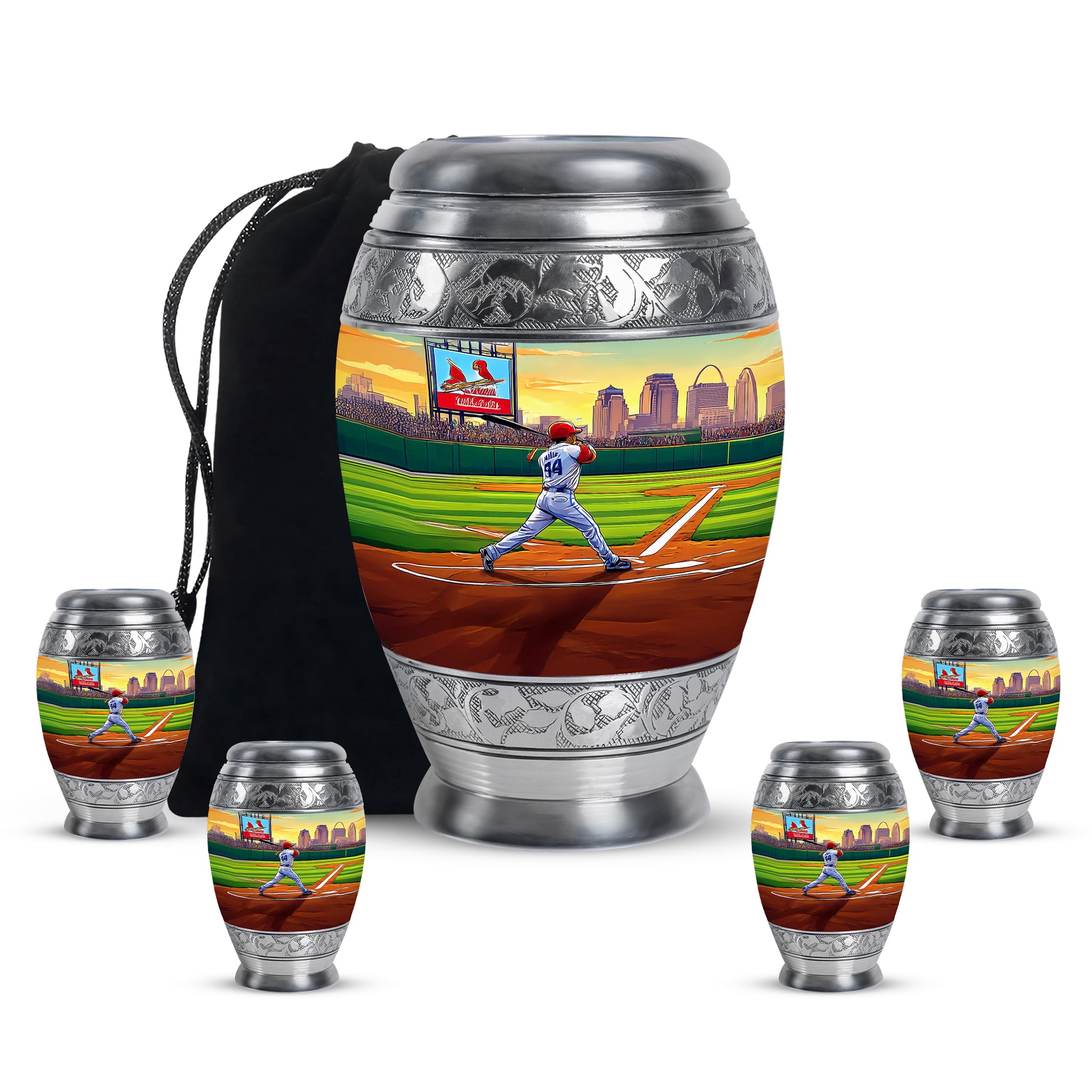Forest Green Baseball Cremation Urn detail view - royal baseball engraving with decorative scrollwork - memorial set with one large and four small urns