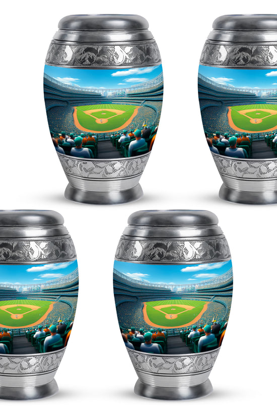 Royal Blue Baseball Cremation Urn urn with complimentary velvet bag - majestic baseball pattern with filigree border - 10 inch aluminum urn for cremated remains
