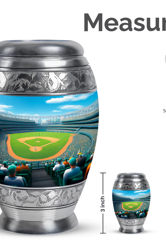 Twilight Blue Baseball Cremation Urn lifestyle display on memorial shelf - royal baseball engraving with decorative scrollwork - mini keepsake memorial for portion of cremation ashes