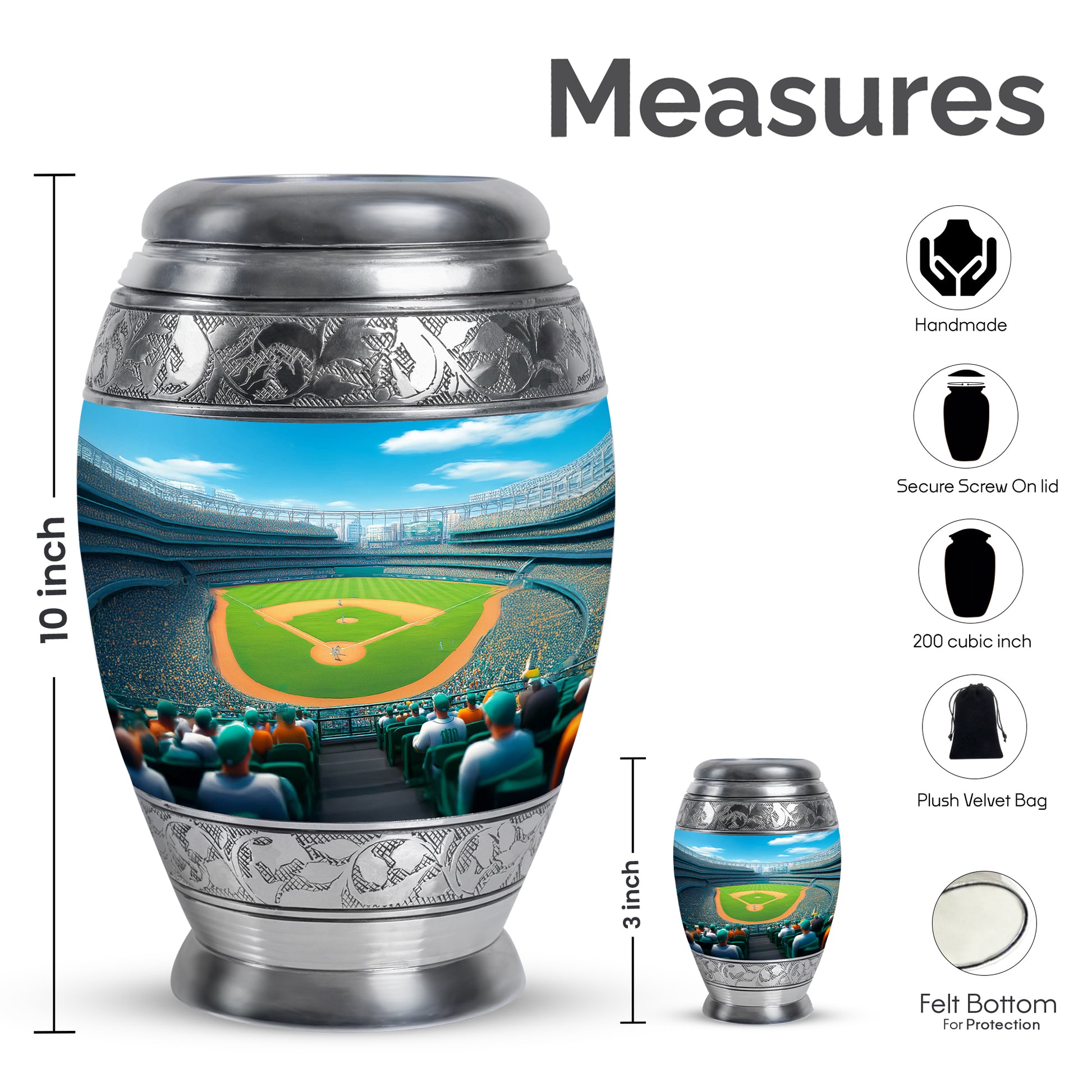 Twilight Blue Baseball Cremation Urn lifestyle display on memorial shelf - royal baseball engraving with decorative scrollwork - mini keepsake memorial for portion of cremation ashes