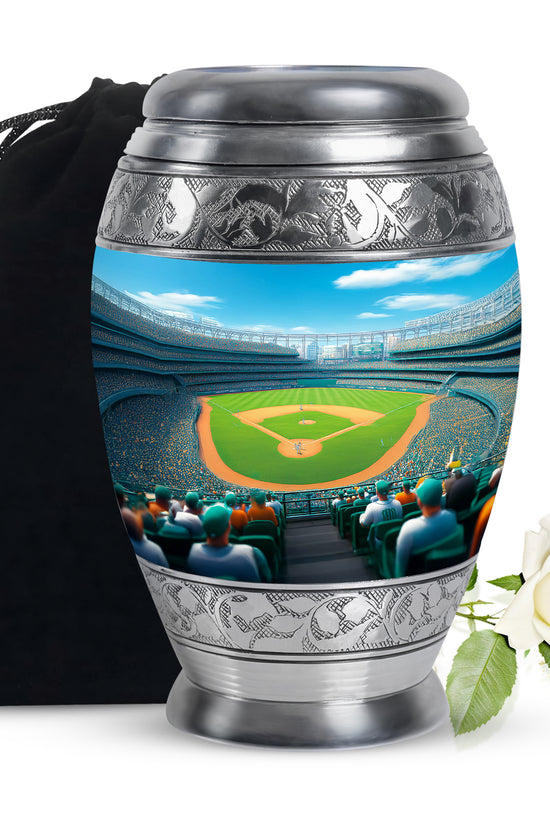 Steel Blue Baseball Cremation Urn back view with polished surface - majestic baseball pattern with filigree border - full-size 10 inch 200 cubic inch adult cremation urn