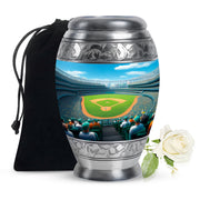 Steel Blue Baseball Cremation Urn back view with polished surface - majestic baseball pattern with filigree border - full-size 10 inch 200 cubic inch adult cremation urn