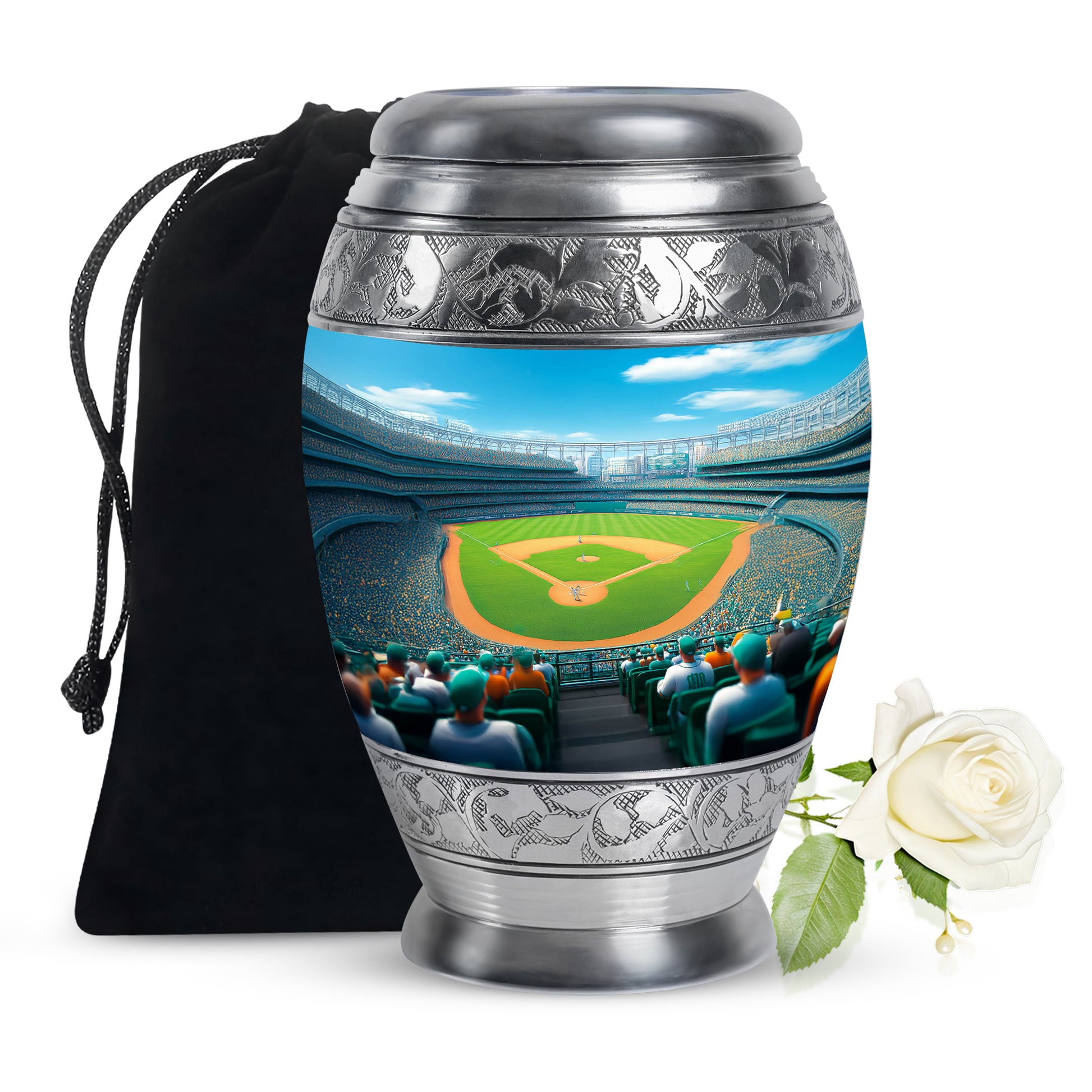 Steel Blue Baseball Cremation Urn back view with polished surface - majestic baseball pattern with filigree border - full-size 10 inch 200 cubic inch adult cremation urn
