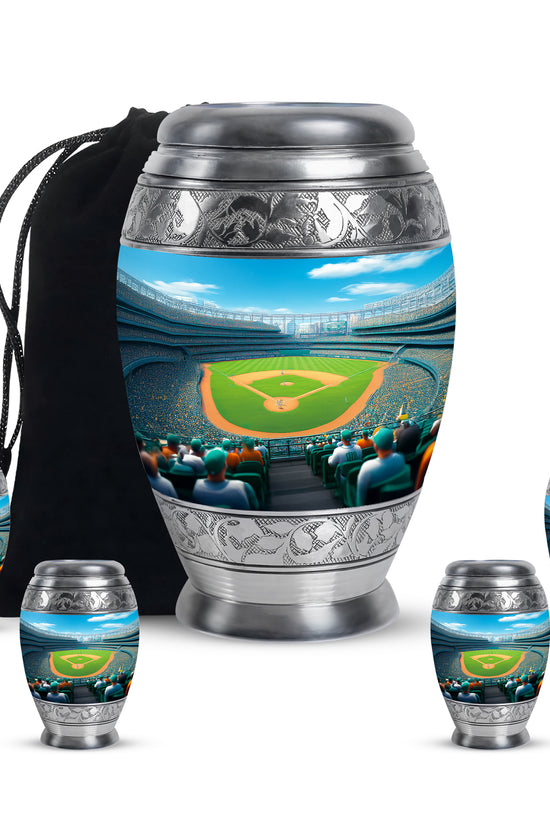 Cornflower Blue Baseball Cremation Urn detail view - royal baseball engraving with decorative scrollwork - memorial set with one large and four small urns