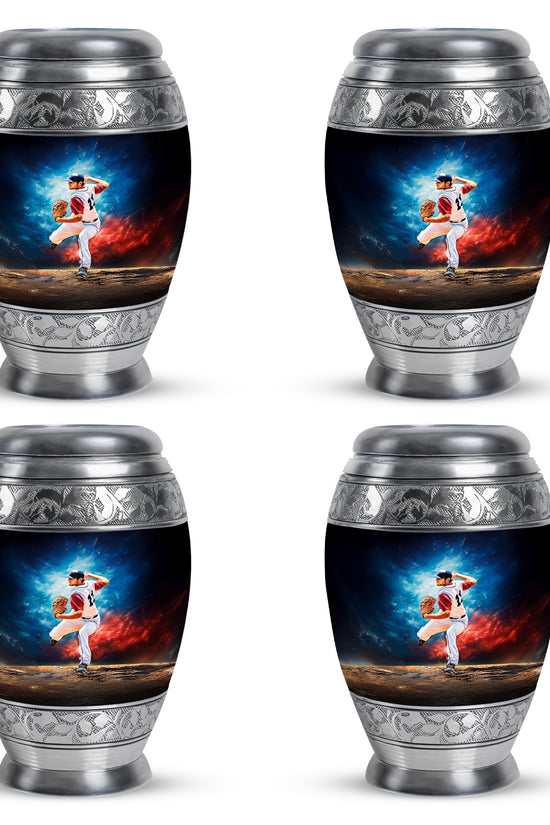 Celestial Blue Baseball Cremation Urn urn with complimentary velvet bag - regal baseball design with crown-inspired accents - 10 inch aluminum urn for cremated remains
