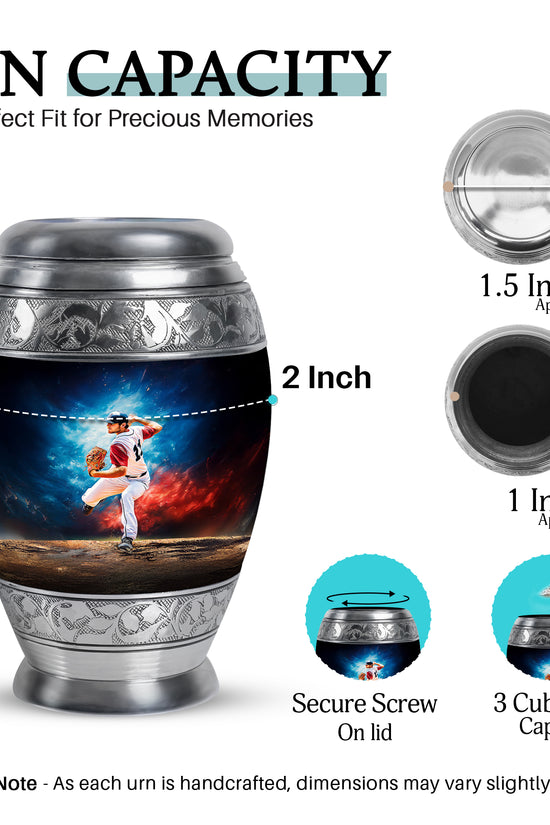 Royal Blue Baseball Cremation Urn lifestyle display on memorial shelf - royal baseball engraving with decorative scrollwork - mini keepsake memorial for portion of cremation ashes