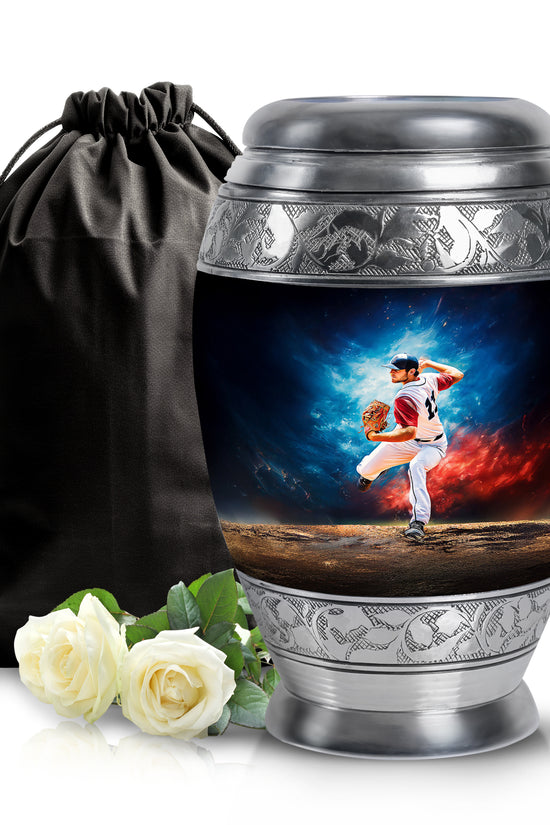 Pastel Blue Baseball Cremation Urn back view with polished surface - ornate monarch-style baseball relief on brushed aluminum - full-size 10 inch 200 cubic inch adult cremation urn