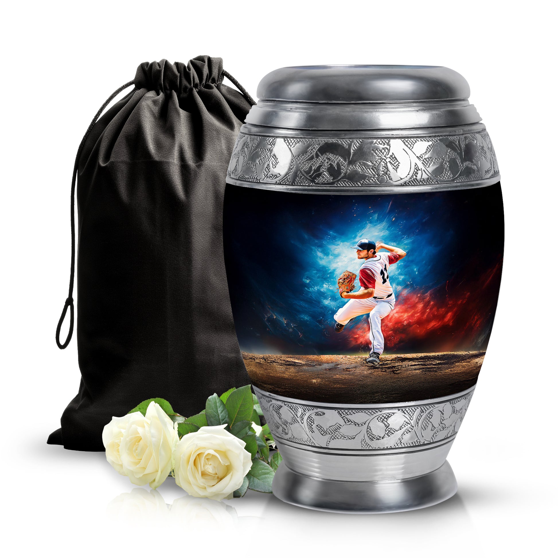 Pastel Blue Baseball Cremation Urn back view with polished surface - ornate monarch-style baseball relief on brushed aluminum - full-size 10 inch 200 cubic inch adult cremation urn
