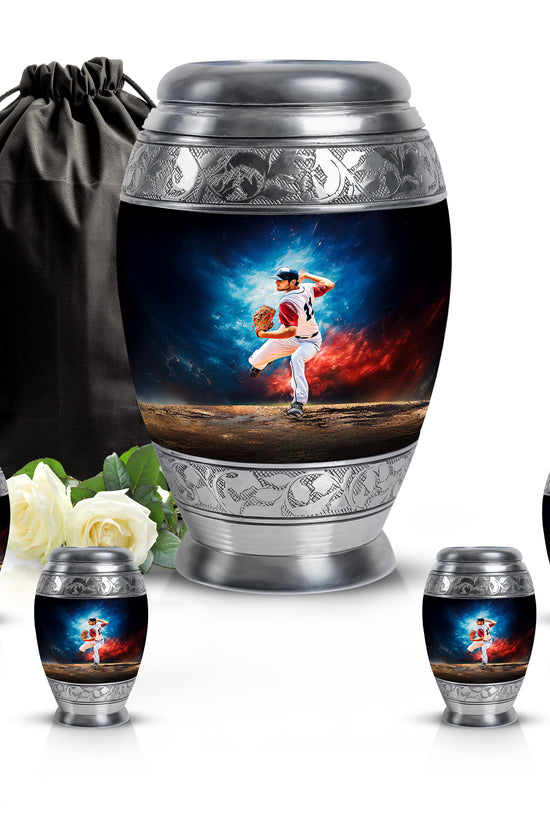 Slate Blue Baseball Cremation Urn detail view - regal baseball design with crown-inspired accents - memorial set with one large and four small urns