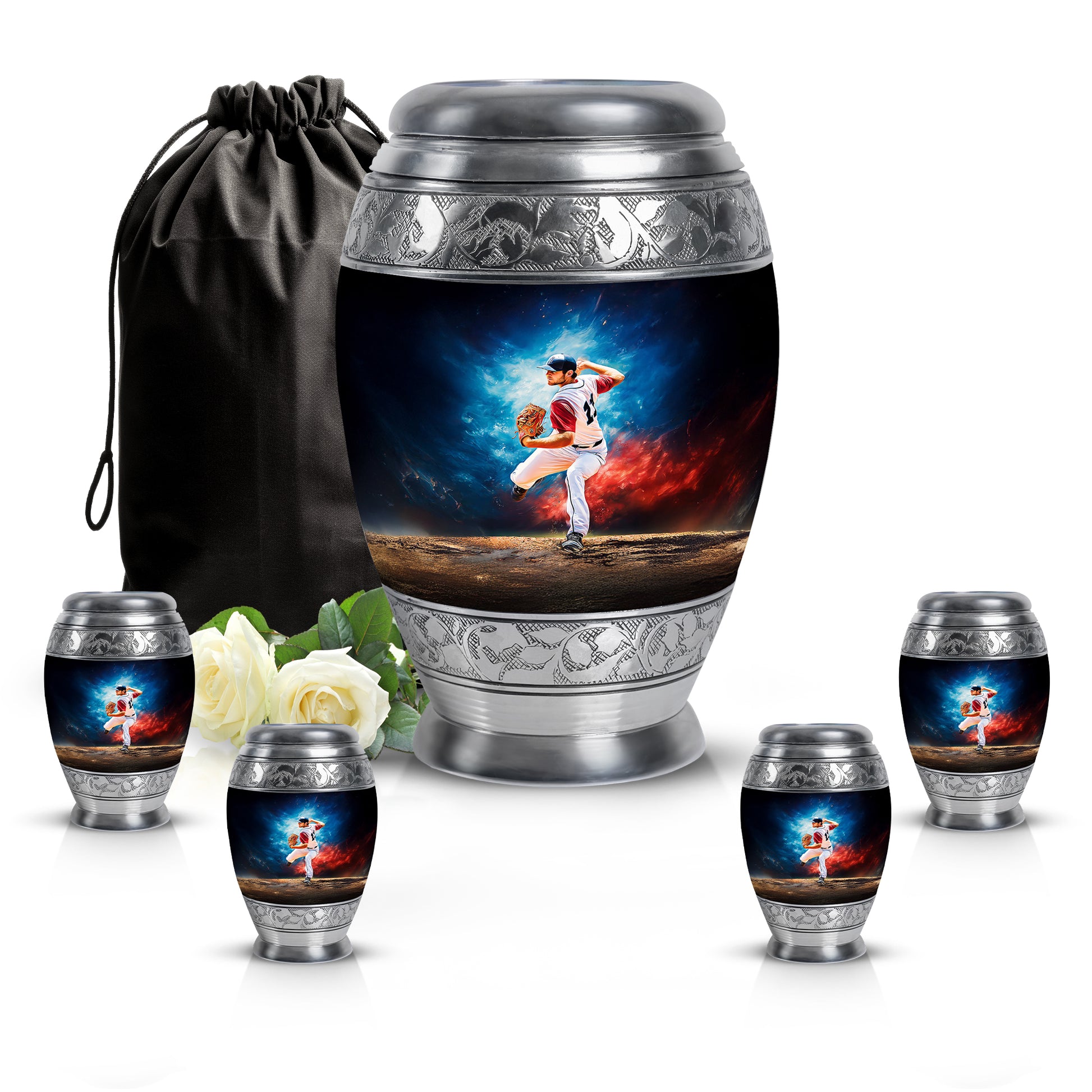 Slate Blue Baseball Cremation Urn detail view - regal baseball design with crown-inspired accents - memorial set with one large and four small urns