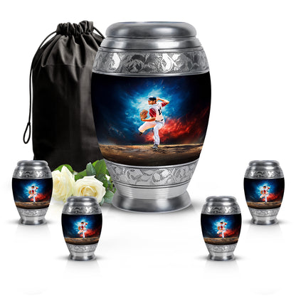 Slate Blue Baseball Cremation Urn detail view - regal baseball design with crown-inspired accents - memorial set with one large and four small urns