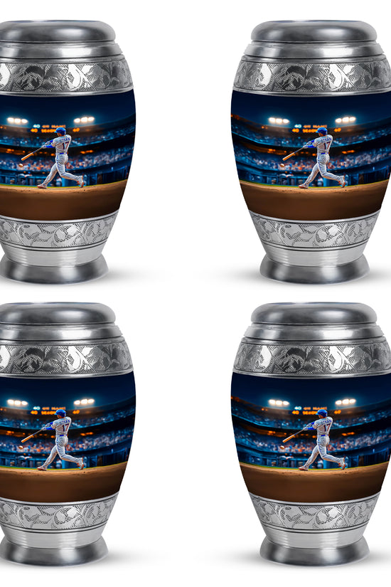 Vivid Blue Baseball Cremation Urn urn with complimentary velvet bag - majestic baseball pattern with filigree border - 10 inch aluminum urn for cremated remains