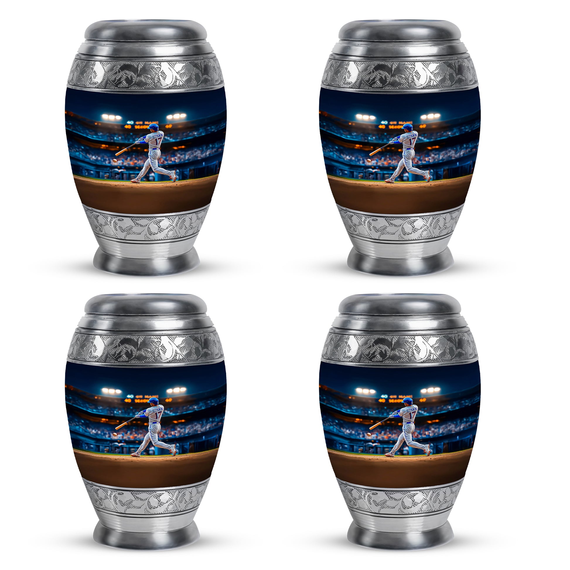 Vivid Blue Baseball Cremation Urn urn with complimentary velvet bag - majestic baseball pattern with filigree border - 10 inch aluminum urn for cremated remains