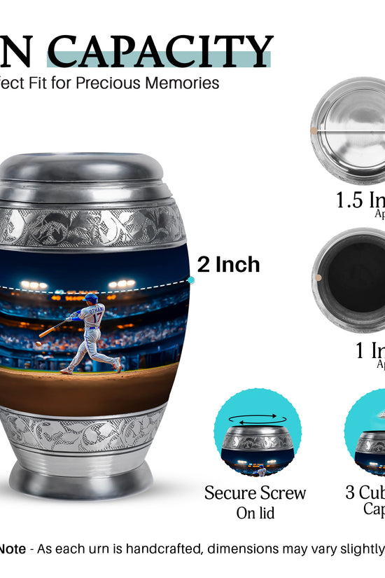 Vivid Blue Baseball Cremation Urn lifestyle display on memorial shelf - royal baseball engraving with decorative scrollwork - mini keepsake memorial for portion of cremation ashes