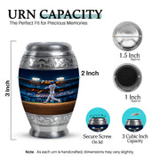 Vivid Blue Baseball Cremation Urn lifestyle display on memorial shelf - royal baseball engraving with decorative scrollwork - mini keepsake memorial for portion of cremation ashes