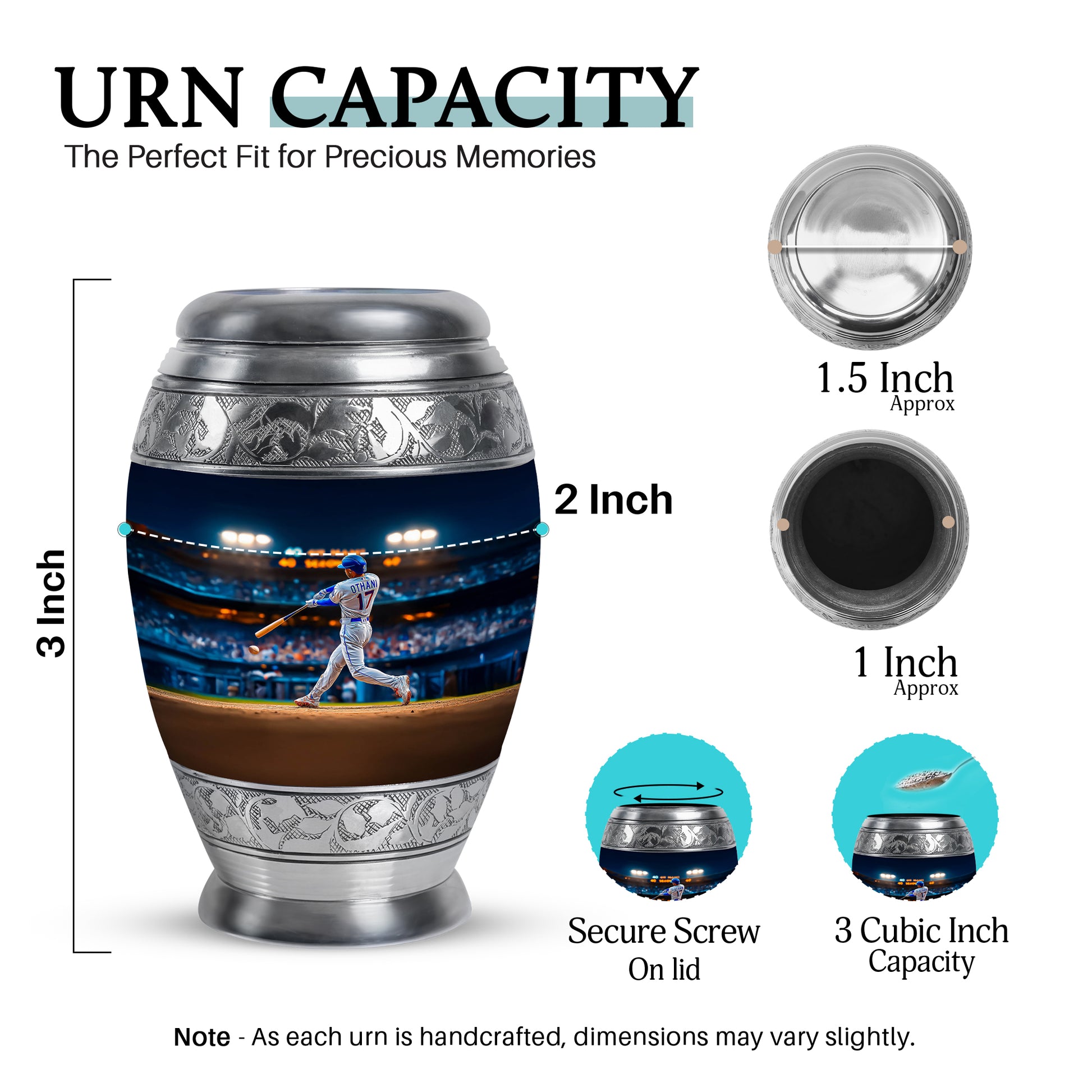 Vivid Blue Baseball Cremation Urn lifestyle display on memorial shelf - royal baseball engraving with decorative scrollwork - mini keepsake memorial for portion of cremation ashes