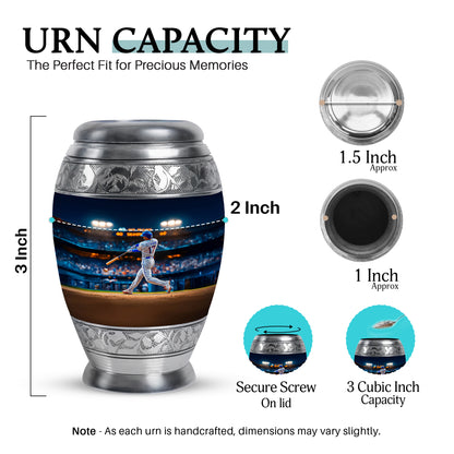 Vivid Blue Baseball Cremation Urn lifestyle display on memorial shelf - royal baseball engraving with decorative scrollwork - mini keepsake memorial for portion of cremation ashes
