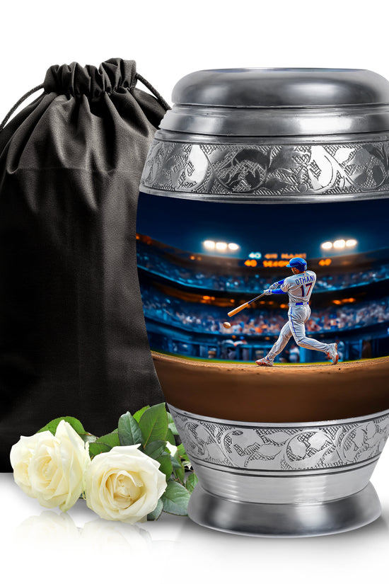 Cornflower Blue Baseball Cremation Urn back view with polished surface - majestic baseball pattern with filigree border - full-size 10 inch 200 cubic inch adult cremation urn