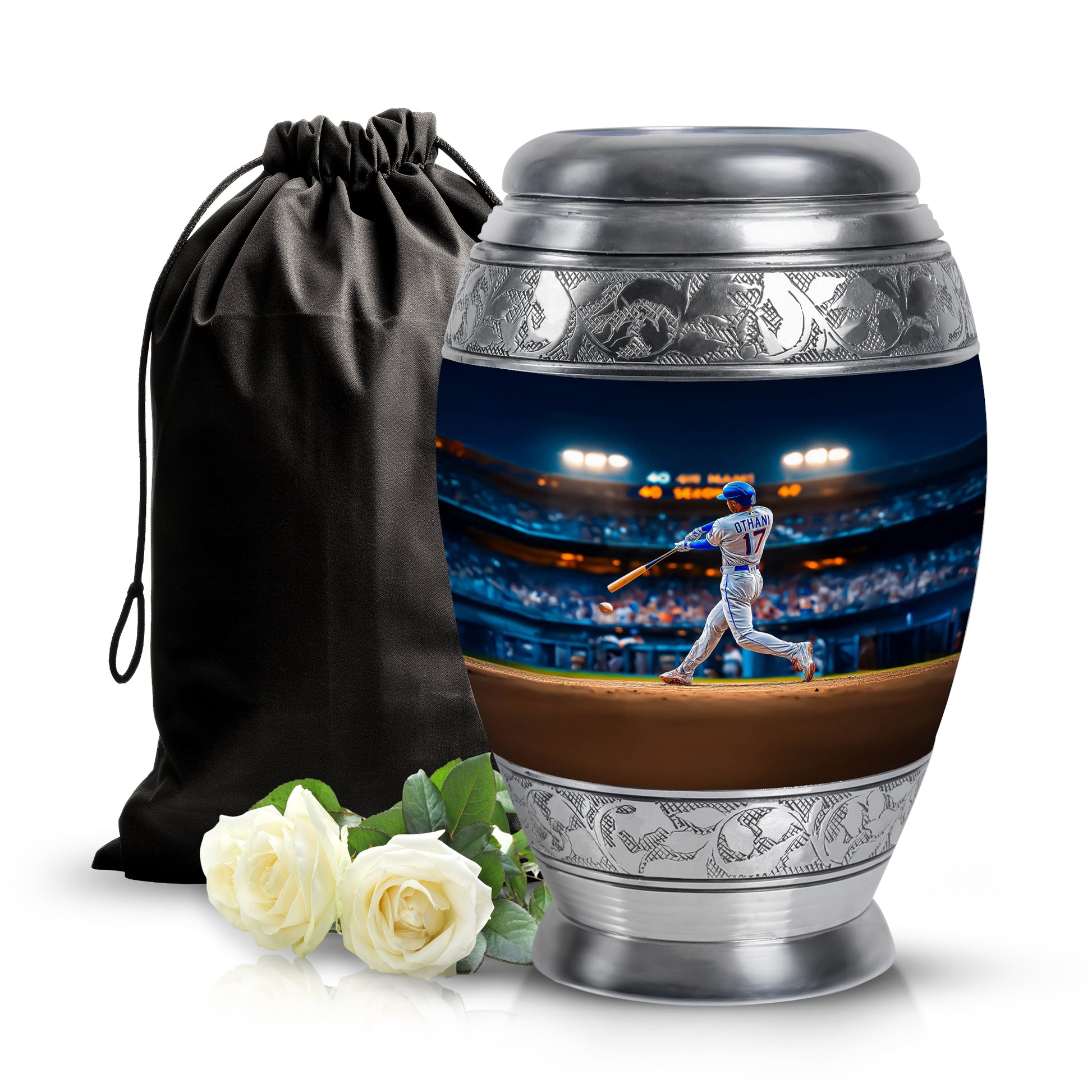 Cornflower Blue Baseball Cremation Urn back view with polished surface - majestic baseball pattern with filigree border - full-size 10 inch 200 cubic inch adult cremation urn