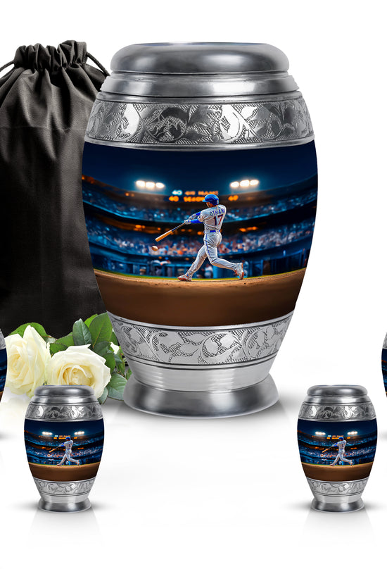 Cobalt Blue Baseball Cremation Urn detail view - majestic baseball pattern with filigree border - memorial set with one large and four small urns