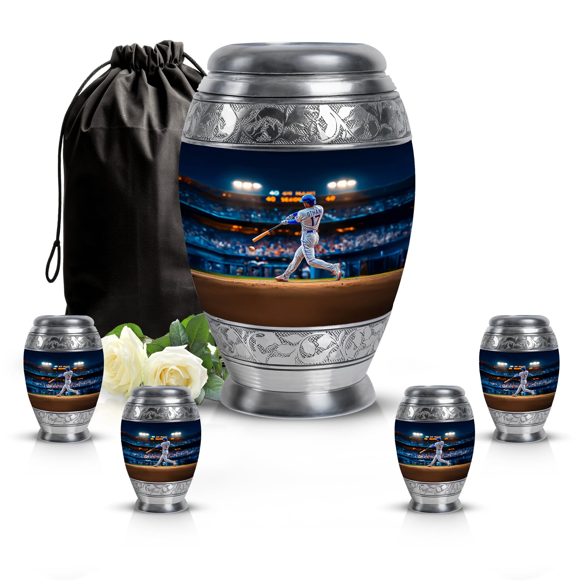 Cobalt Blue Baseball Cremation Urn detail view - majestic baseball pattern with filigree border - memorial set with one large and four small urns