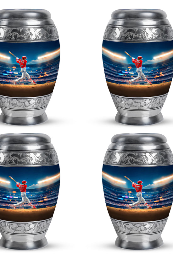 Cobalt Blue Baseball Cremation Urn urn with complimentary velvet bag - royal baseball engraving with decorative scrollwork - 10 inch aluminum urn for cremated remains