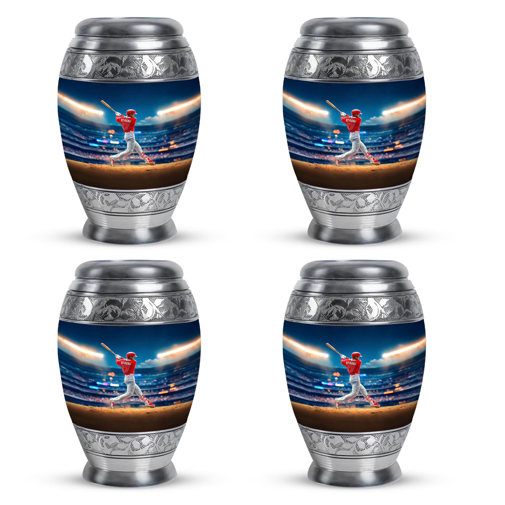 Cobalt Blue Baseball Cremation Urn urn with complimentary velvet bag - royal baseball engraving with decorative scrollwork - 10 inch aluminum urn for cremated remains