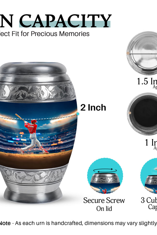 Azure Baseball Cremation Urn lifestyle display on memorial shelf - ornate monarch-style baseball relief on brushed aluminum - mini keepsake memorial for portion of cremation ashes