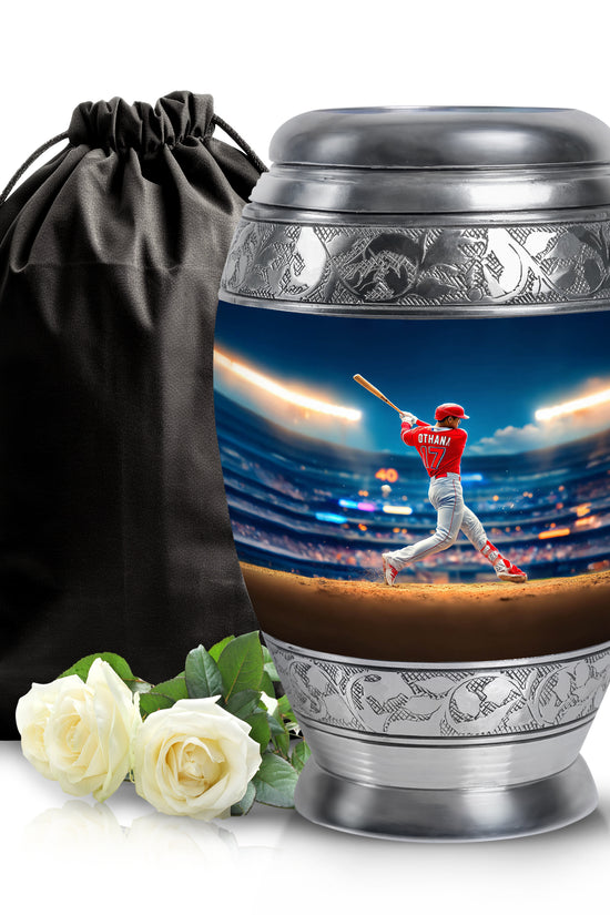 Sapphire Blue Baseball Cremation Urn back view with polished surface - majestic baseball pattern with filigree border - full-size 10 inch 200 cubic inch adult cremation urn