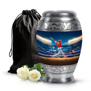 Sapphire Blue Baseball Cremation Urn back view with polished surface - majestic baseball pattern with filigree border - full-size 10 inch 200 cubic inch adult cremation urn