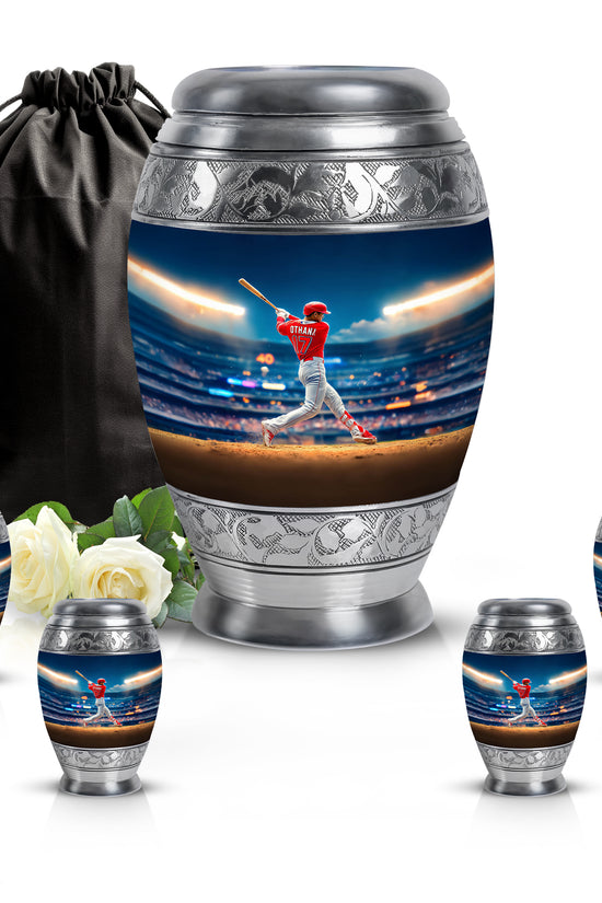 Cornflower Blue Baseball Cremation Urn detail view - royal baseball engraving with decorative scrollwork - memorial set with one large and four small urns
